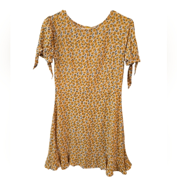 FAITHFULL THE BRAND DAPHNE YELLOW FLORAL TIE-SLEEVE SKATER DRESS. SIZE 4. - Picture 4 of 11